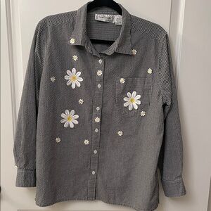 Women's Black and white Button Down Blouse with Floral Embroidery